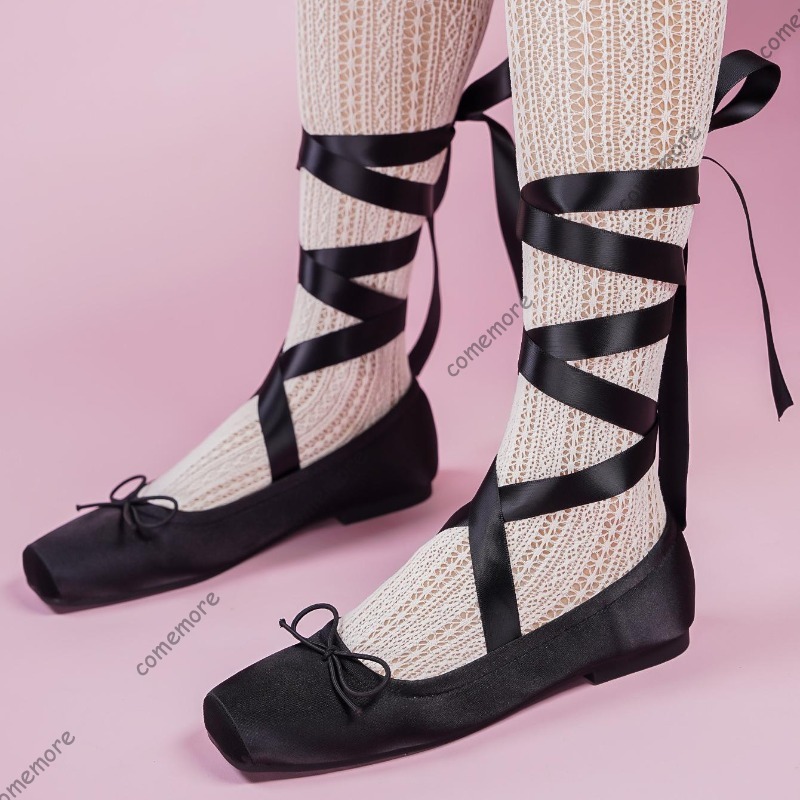 Satin Bow Tie - Women's Satin Ribbon Tie Ballet Flats